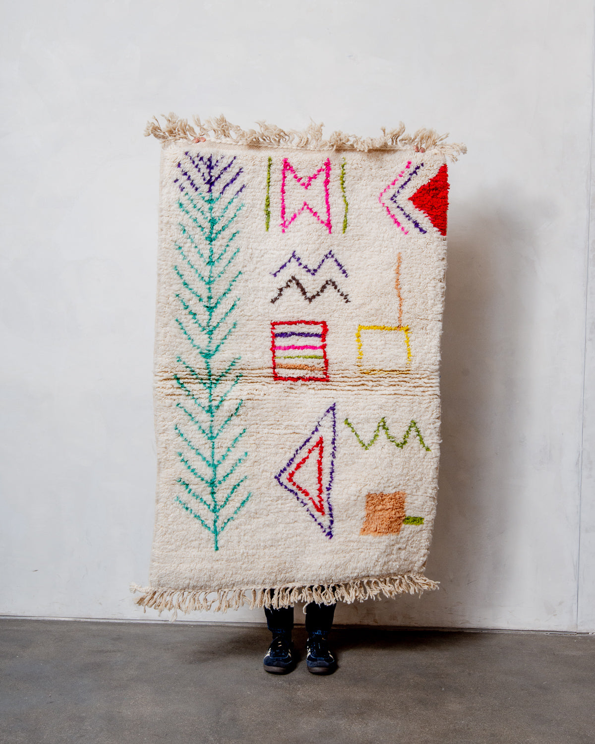 Modern, designer, handcrafted Berber rug from Morocco. Beniourain carpet with beautiful colours and patterns and fluffy wool texture.